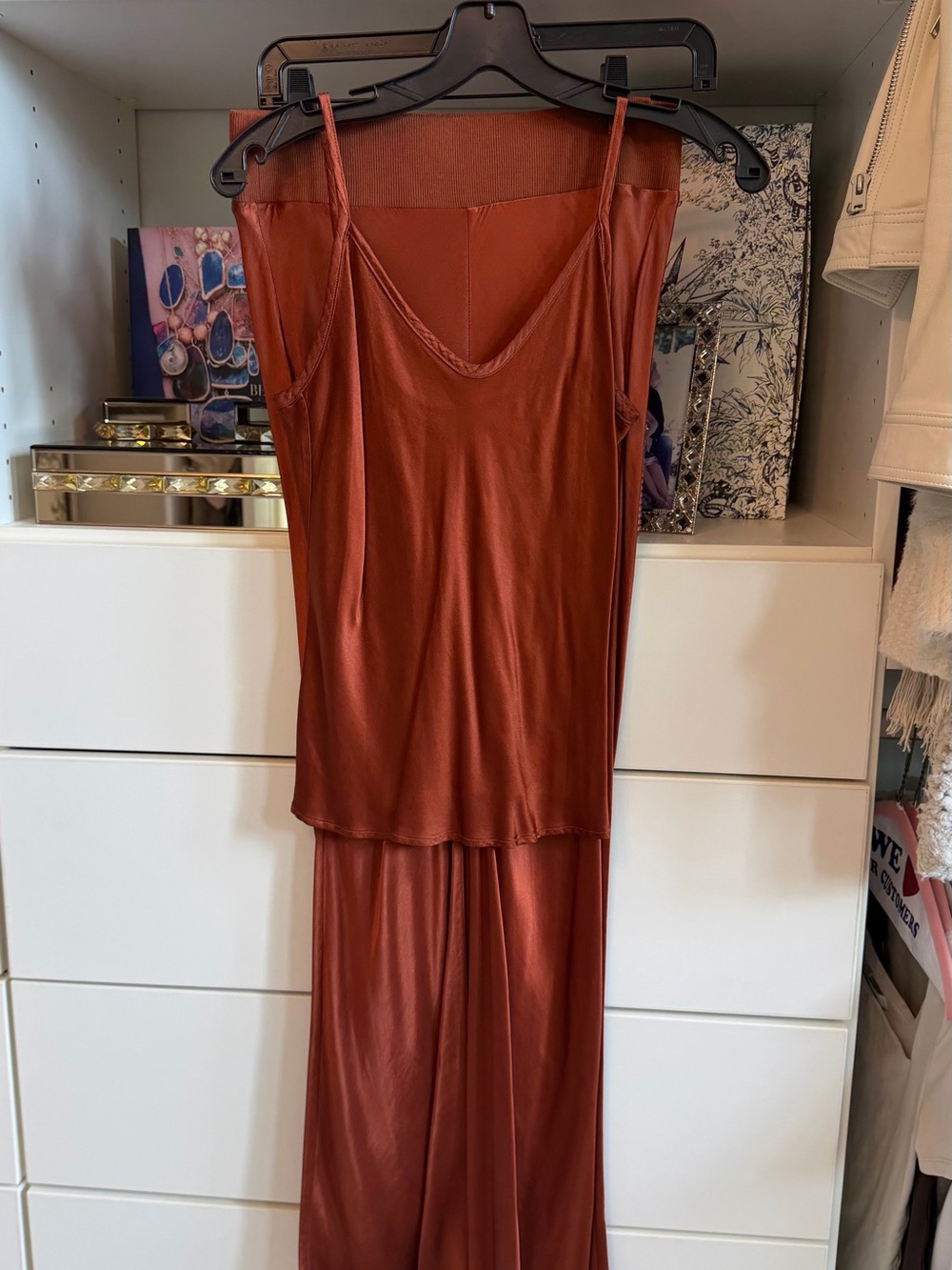 Enza Costa Rust-Red Satin Wide-Leg Jumpsuit